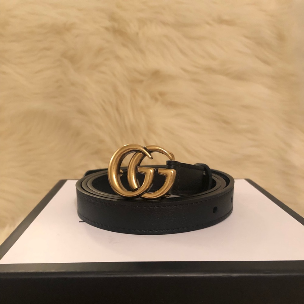 Gucci black leather 0.8" double g buckle belt